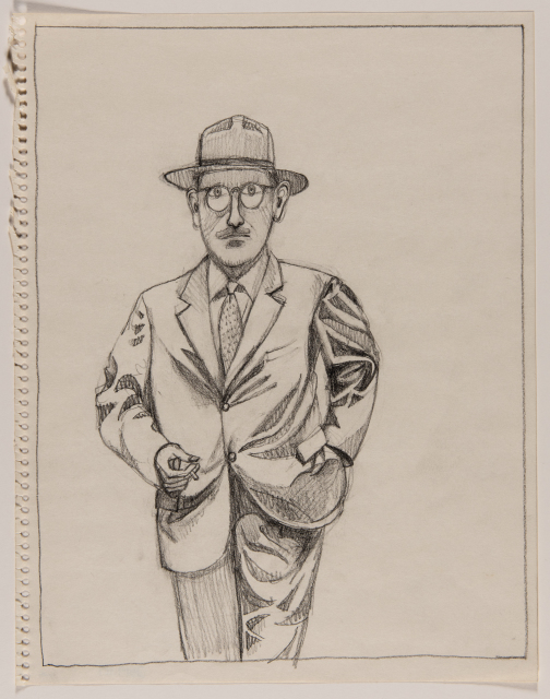 A self-portrait of the artist, a man stands facing forward. He holds a cigarette in one hand and puts his other hand in his pocket. He wears a suit, tie, hat, glasses, and a moustache.